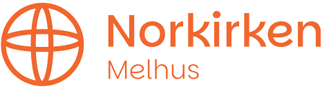 Logo for Norkirken Melhus med en oransje globus-symbol og tekst.